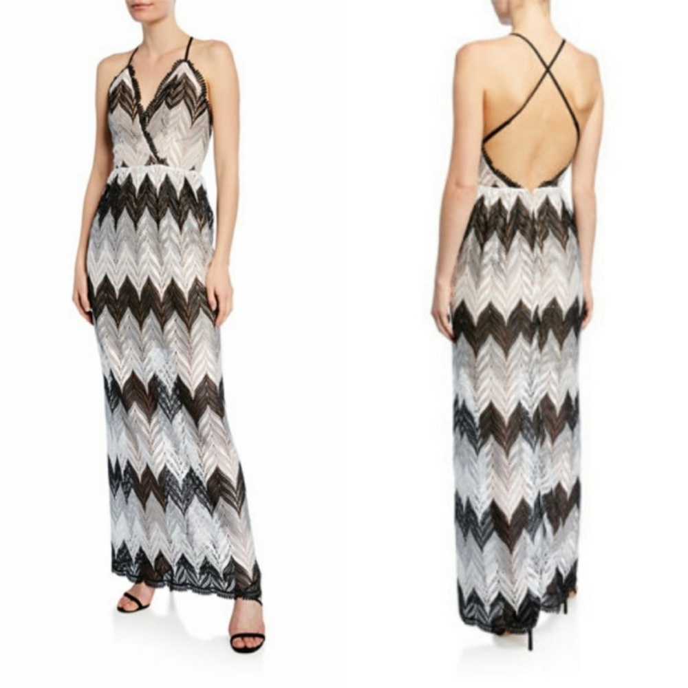 NWT Dress the Population Lucia Chevron Crochet Black White Gray Maxi Dress sz S
